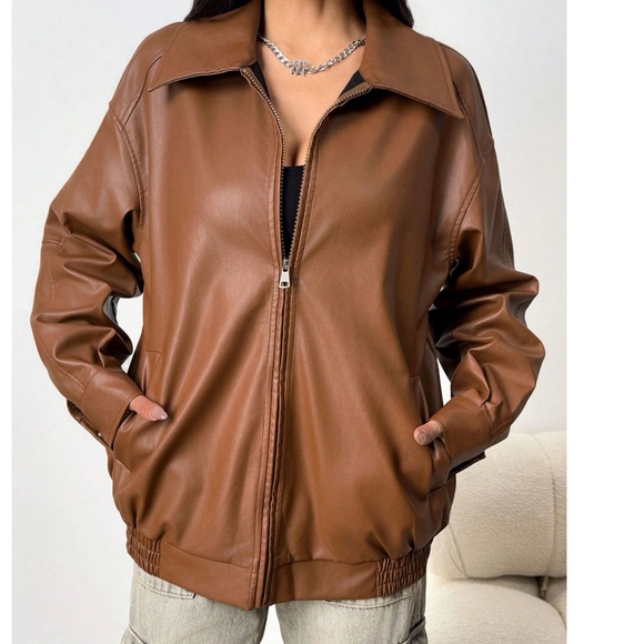 Luxe Vegan Leather Zipper Pockets Oversized Bomber Jacket - Picture 8 of 9